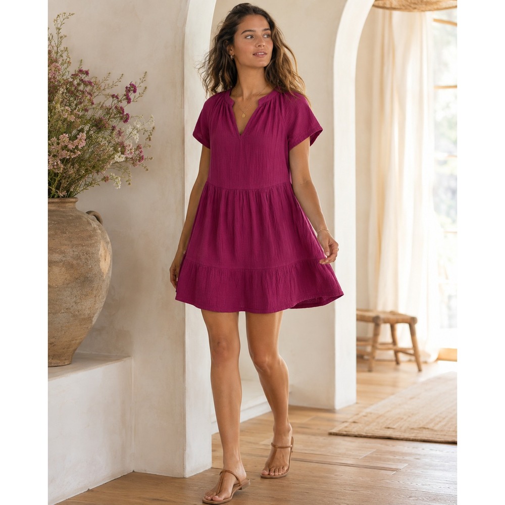 PACT‎ Organic Cotton Mini Dress Women Sz XS Magenta Tiered Gauzy Cottage